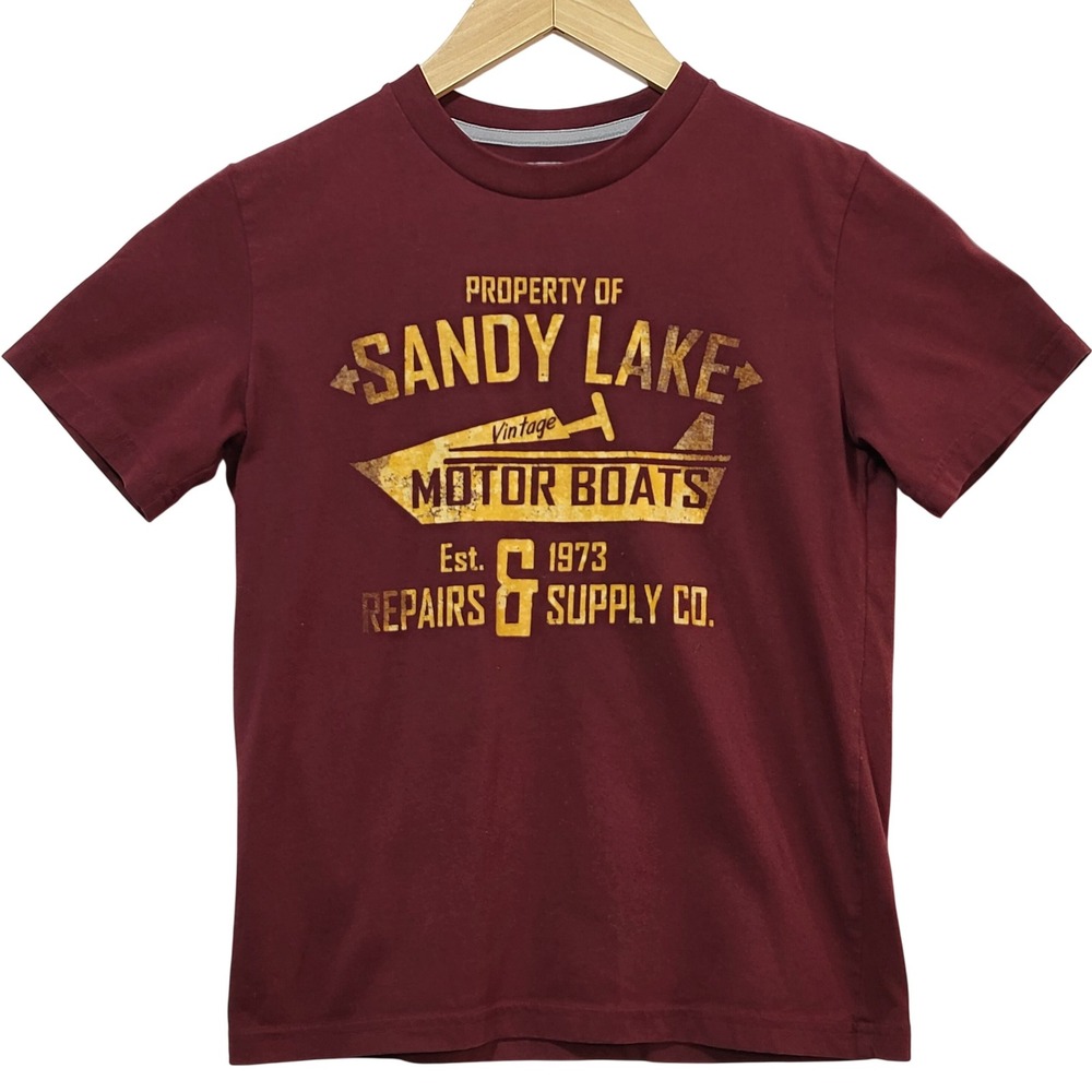 Mossimo Kids Burgundy Sandy Lake Motor Boats Graphic Tee Shirt Size M 8/10‎